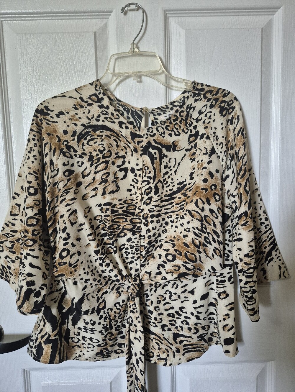 Mango Beige and Black Leopard-Print Tie-Front Blouse
